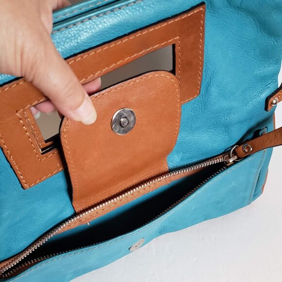 Vintage MODA in ITALIA Convertible 3in1 Leather Clutch Handbag Turquoise Cognac - Picture 3 of 13
